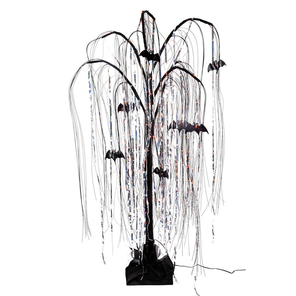 4 ft Electric Black Willow Halloween Tree with Bats and Orange Micro LEDs