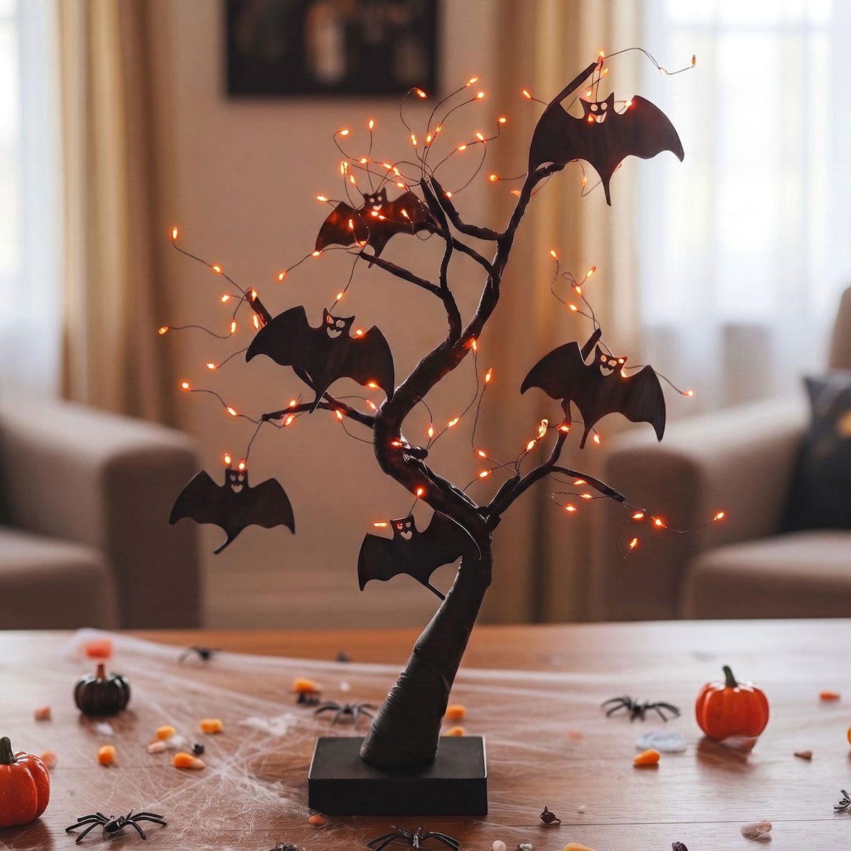 2 ft Battery-Operated Black Willow Halloween Tree with Bats