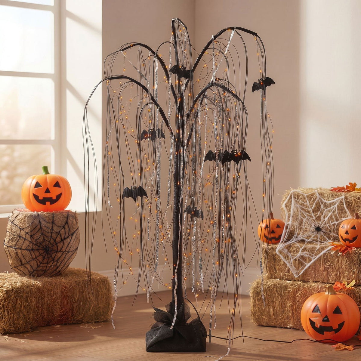 4 ft Electric Black Willow Halloween Tree with Bats and Orange Micro LEDs