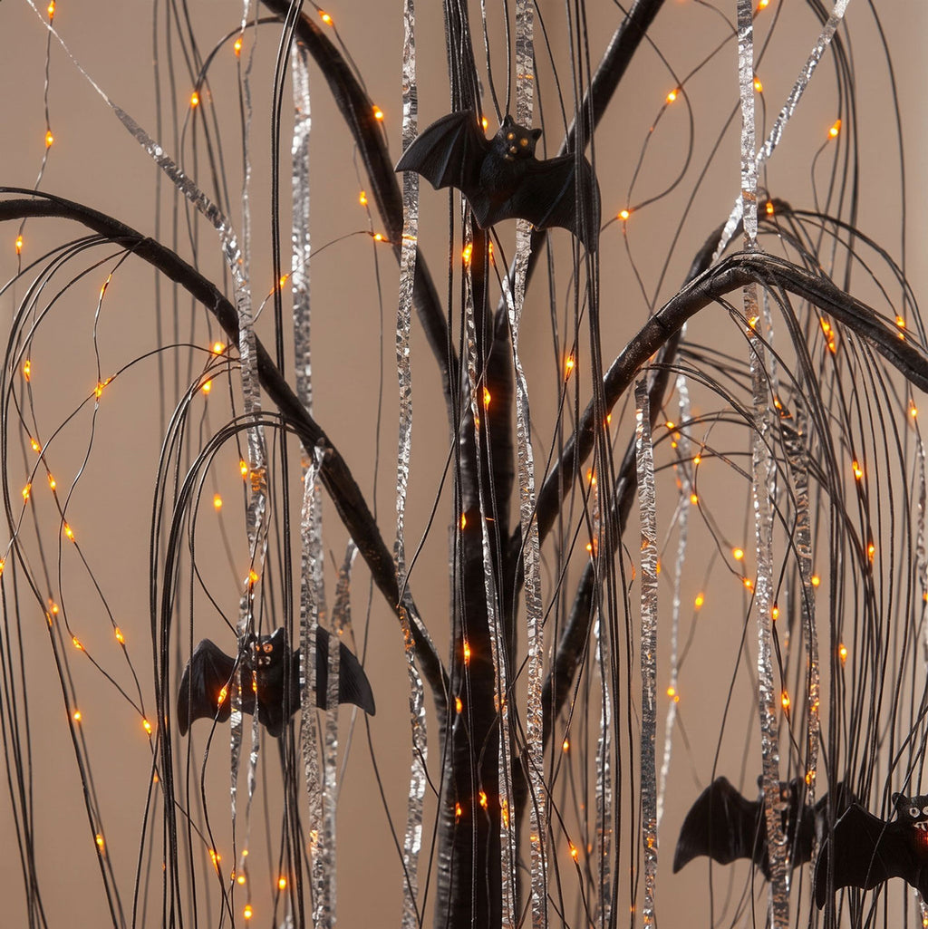 4 ft Electric Black Willow Halloween Tree with Bats and Orange Micro LEDs